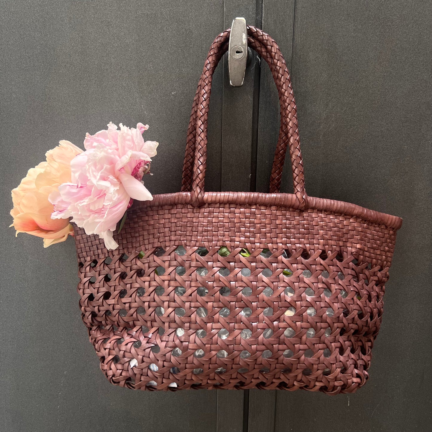 BORSA IN PELLE INTRECCIATA TRAFORATA CIOCCOLATO