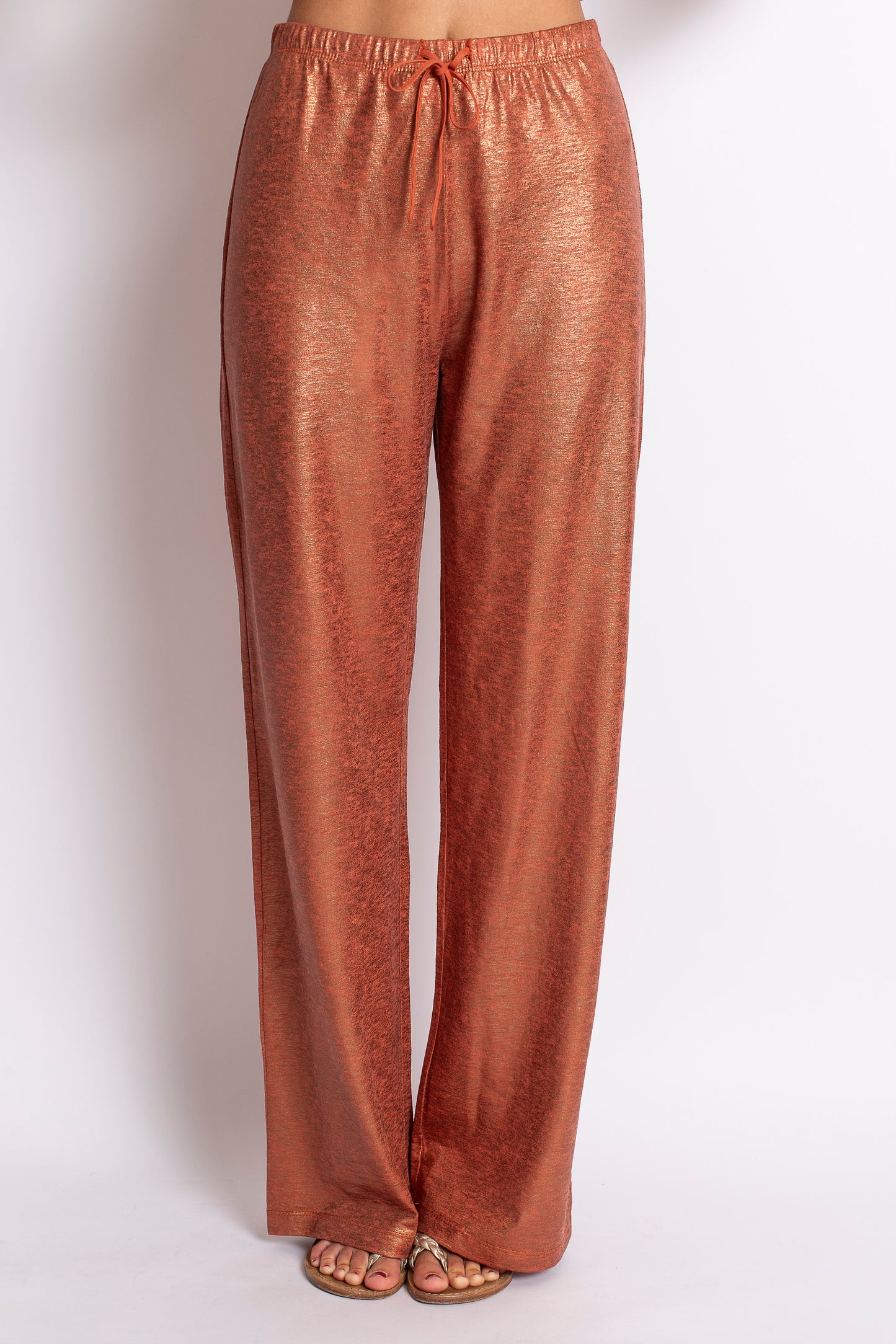 PANTALONE LUNGO IN LINO ARANCIO LAMINATO