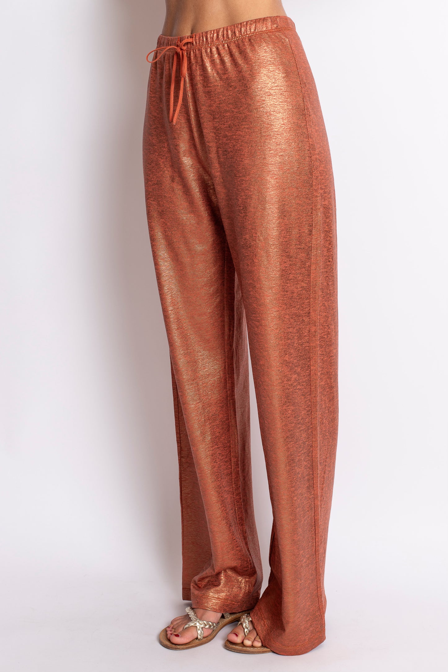 PANTALONE LUNGO IN LINO ARANCIO LAMINATO