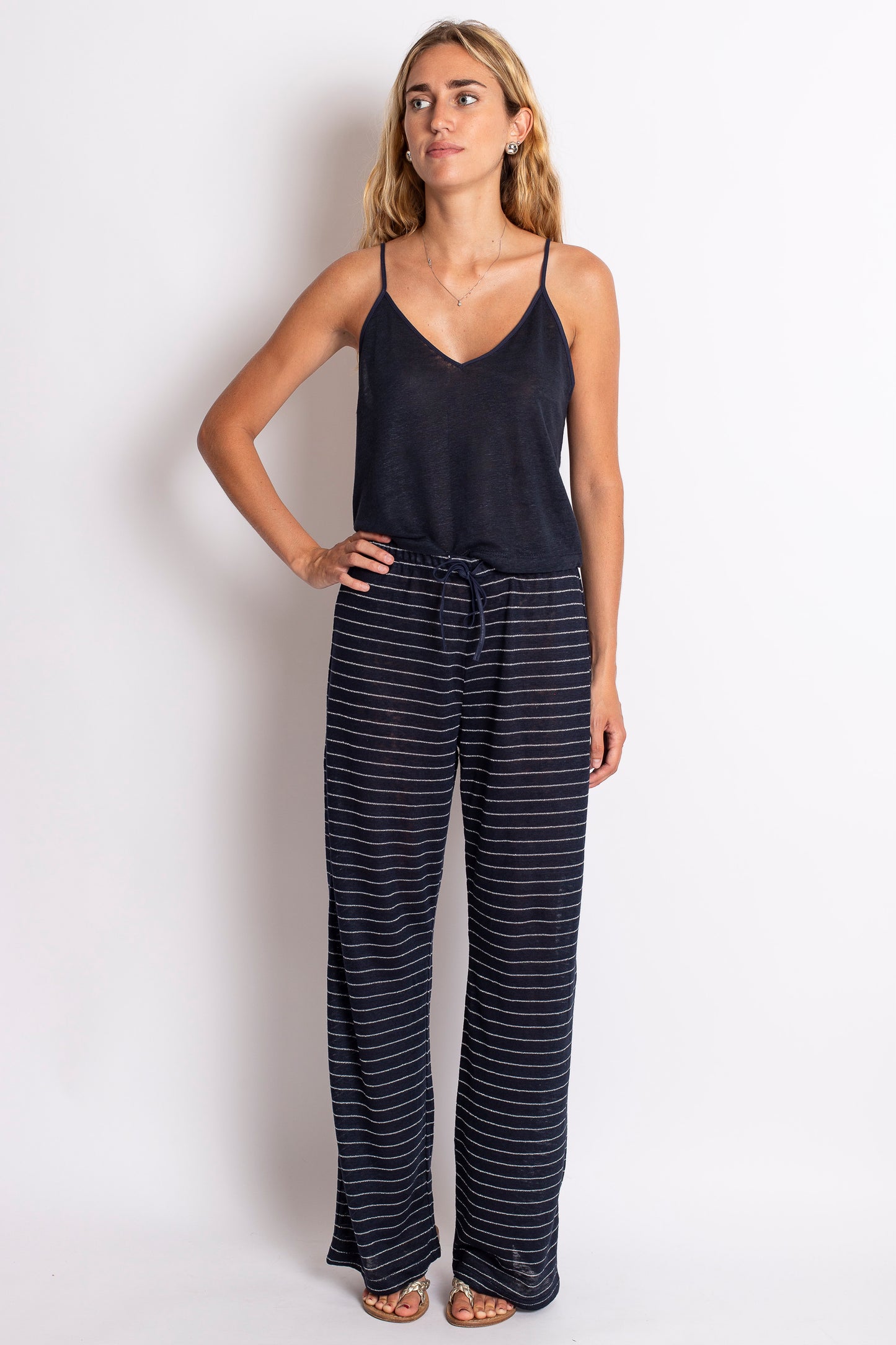 PANTALONE LUNGO IN LINO BLU NOTTE E ARGENTO