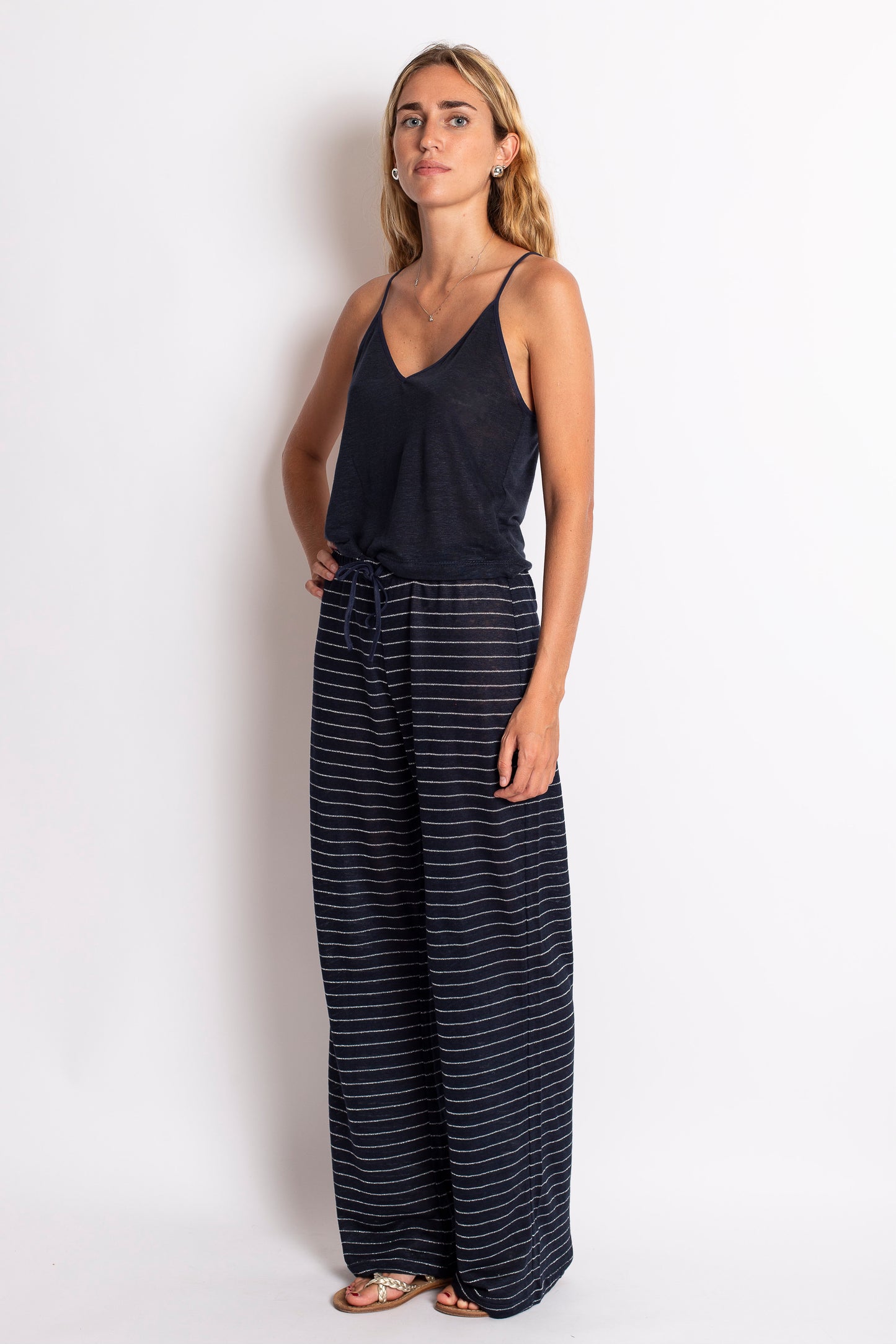 PANTALONE LUNGO IN LINO BLU NOTTE E ARGENTO