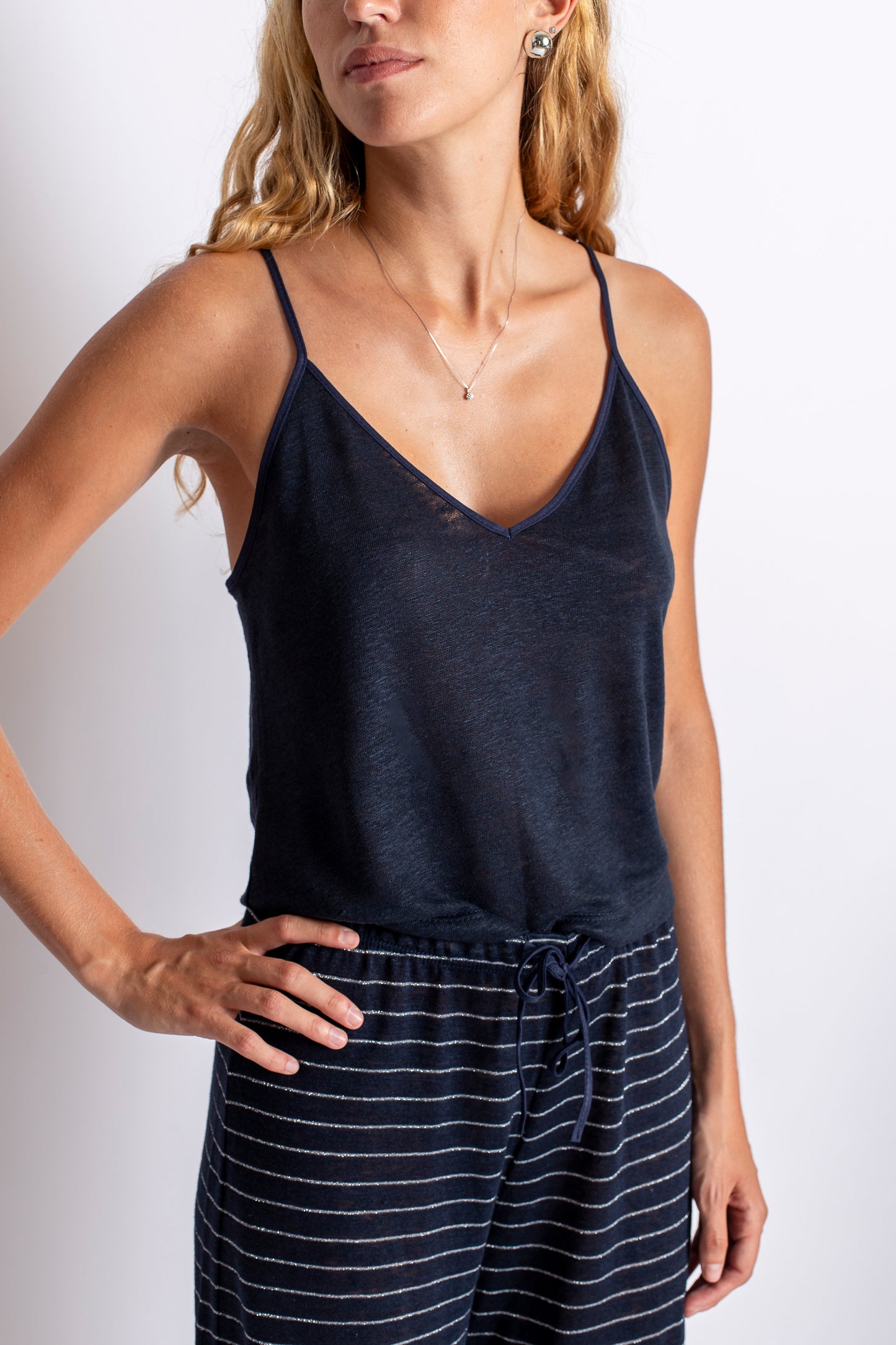 PANTALONE LUNGO IN LINO BLU NOTTE E ARGENTO