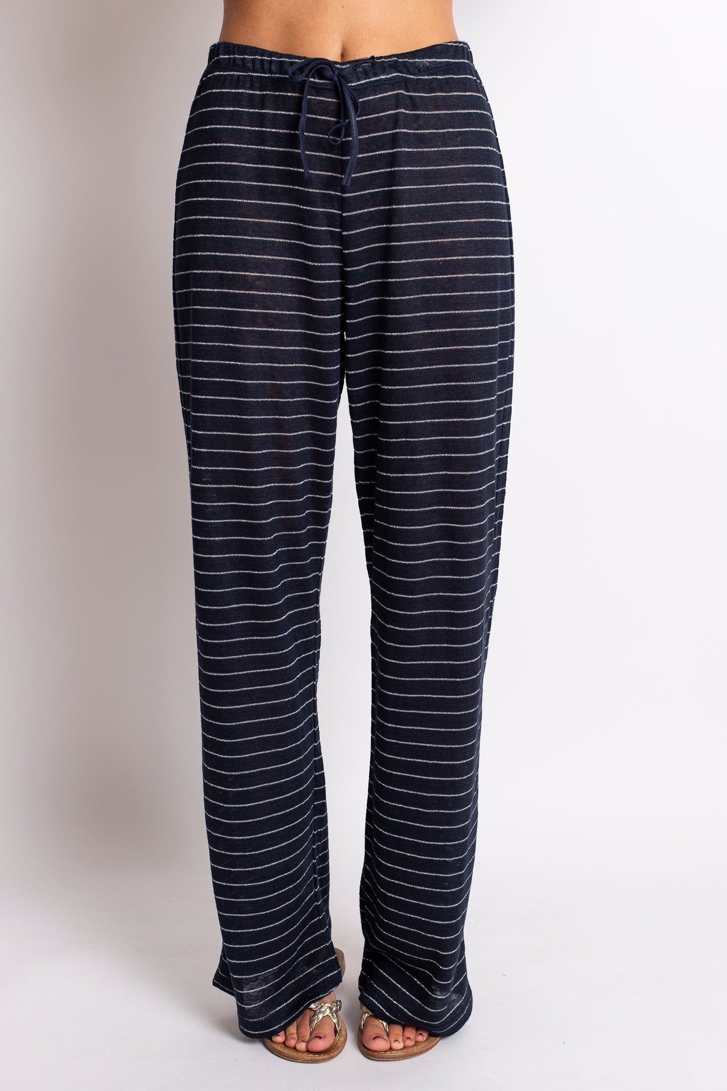 PANTALONE LUNGO IN LINO BLU NOTTE E ARGENTO