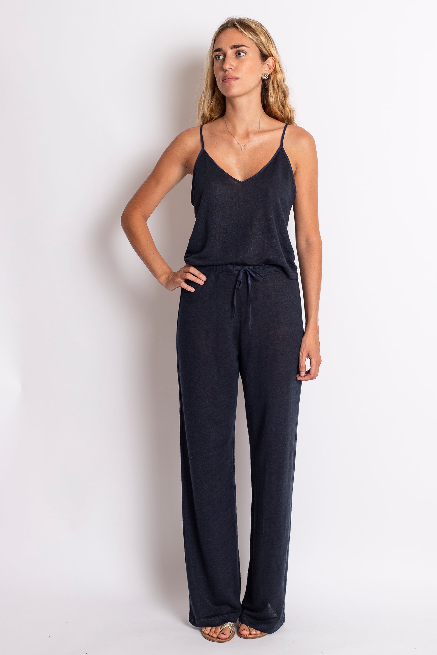 PANTALONE LUNGO IN LINO BLU NOTTE