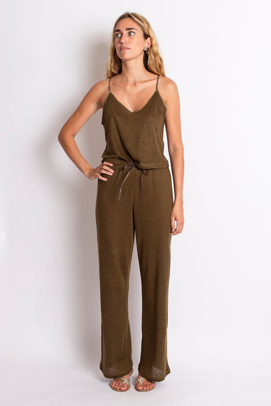PANTALONE LUNGO IN LINO VERDE OLIVA
